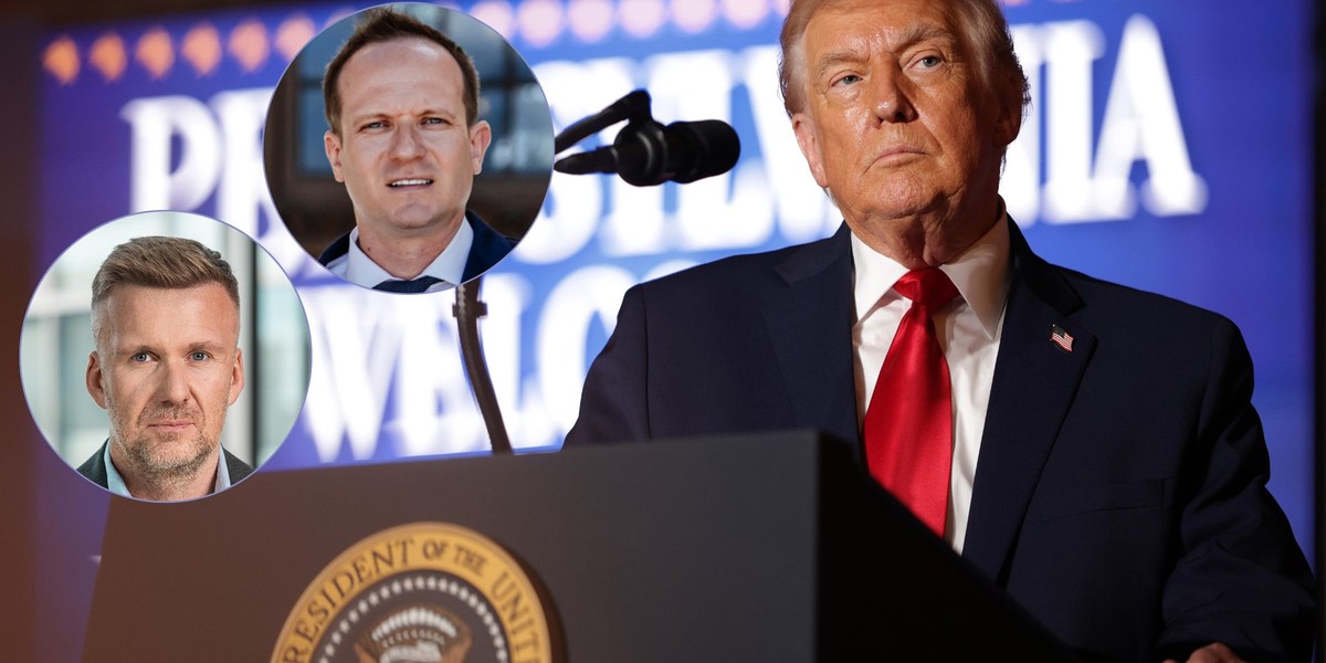 Prezydent USA Donald Trump. W k&oacute;łkach szef Og&oacute;lnopolskiej Grupy Badawczej Łukasz Pawłowski (niżej) oraz Piotr Nowocień, prezes National Polish American Foundation (wyżej)