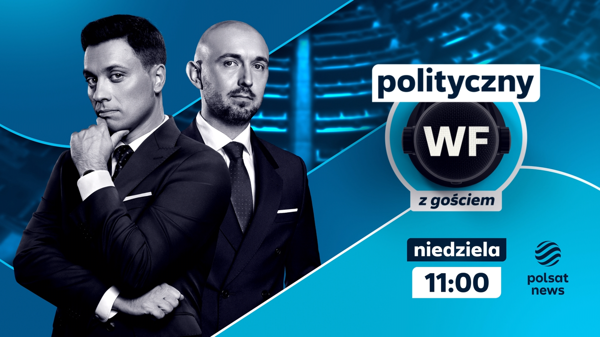 Dw&oacute;ch mężczyzn w garniturach, jeden z nich zastanawia się, obok logo programu "Polityczny WF z gościem" i informacji o emisji w niedzielę o 11:00 w Polsat News.