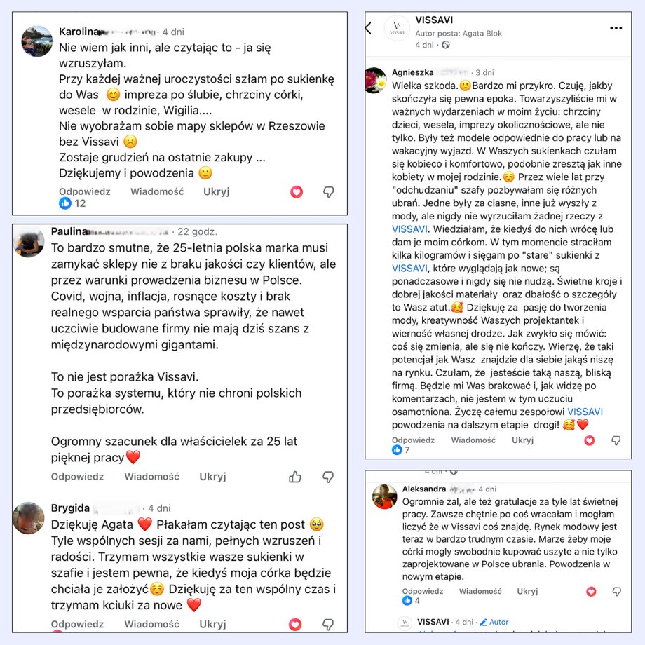 Screeny z komentarzami klientek pod pożegnalnym wpisem