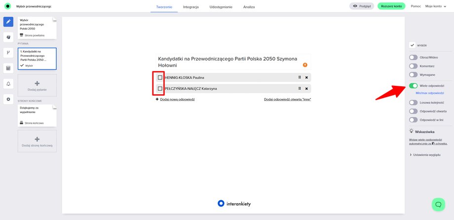 Tworzenie interankiety - widok z opcjami pytania