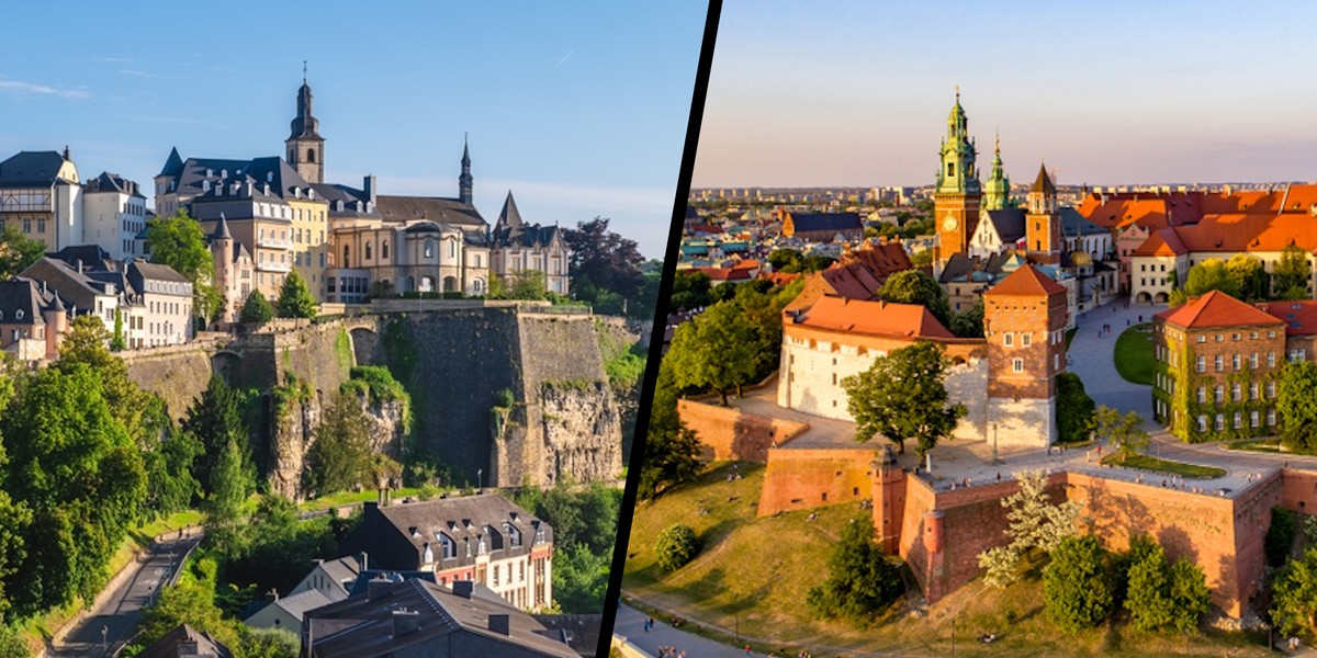 Ranking najlepszych kraj&oacute;w do życia. Od lewej stare miasto w Luksemburgu i Wawel w Krakowie