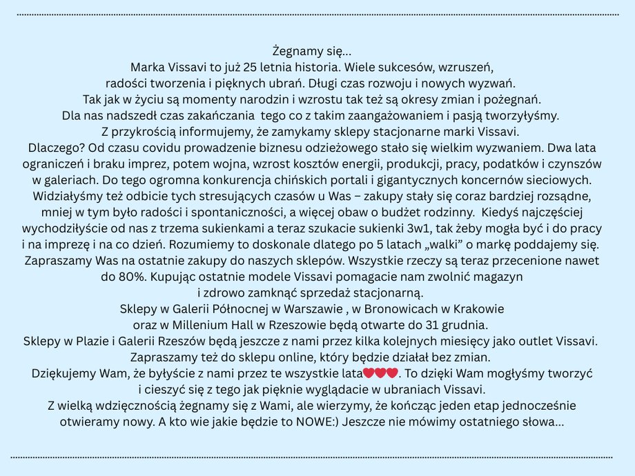 Taką treść właścicielka marki Vissavi zamieściła na profilu w social mediach