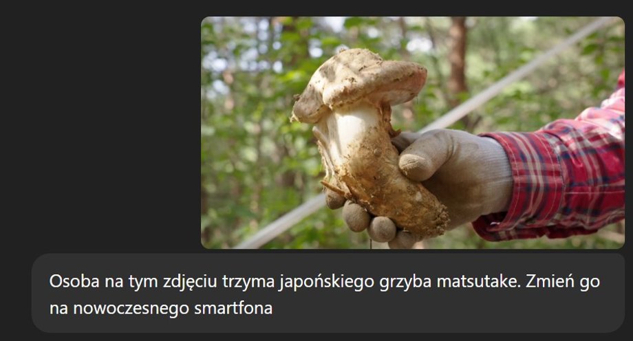 Prompt: Osoba na tym zdjęciu trzyma japońskiego grzyba matsutake. Zmień go na nowoczesnego smartfona