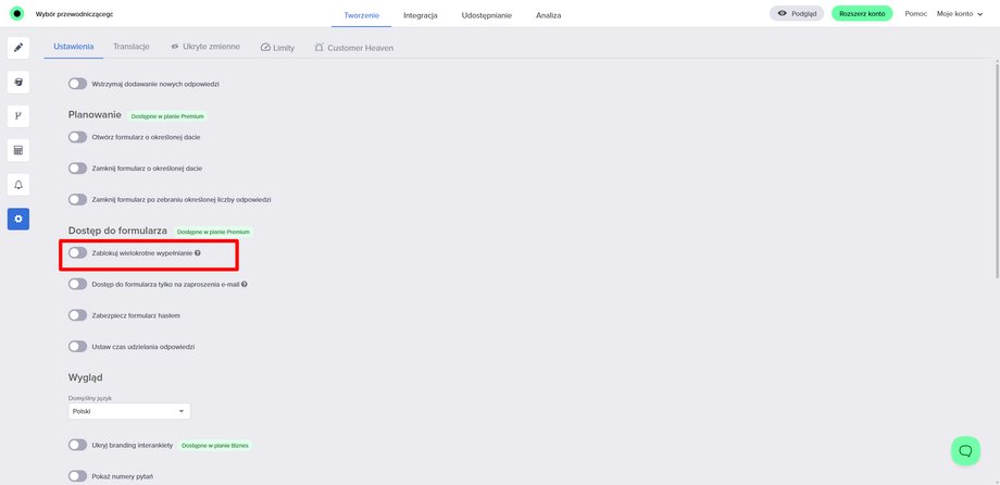 Tworzenie interankiety - widok panelu blokującego wielokrotne głosowanie