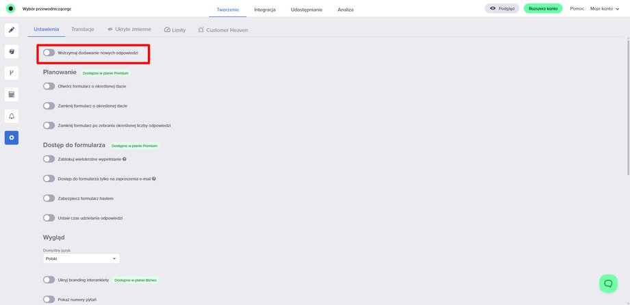 Tworzenie interankiety - widok panelu ustawień