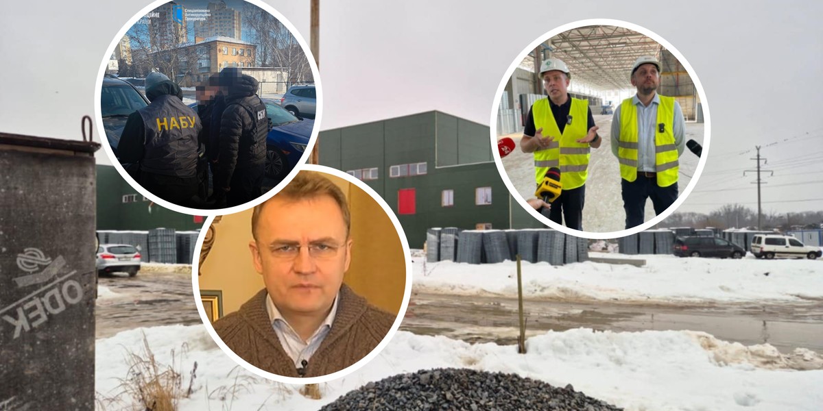 Uczestnicy sporu Control Process kontra Lw&oacute;w, czyli mer Lwowa Andrij Sadowy (po lewej na dole), dyrektor projektu Control Process Krzysztof Chabier (po prawej na g&oacute;rze) oraz biuro antykorupcyjne Ukrainy NABU. W tle wybudowany w 95 proc. zakład gospodarki odpadami we Lwowie