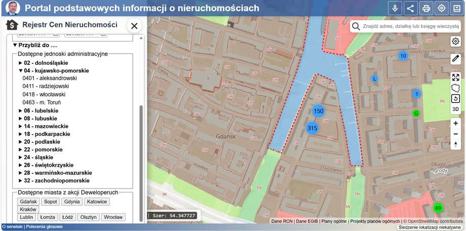 Mojgeoportal.pl - serwis korzysta r&oacute;wnież z danych udostępnionych przez Deweloperucha, tu: Gdańsk