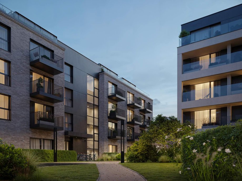 Szlachetne materiały wykończeniowe, wysokie sufity, duże przeszklenia, loggie tworzą minimalistyczną, elegancką bryłę