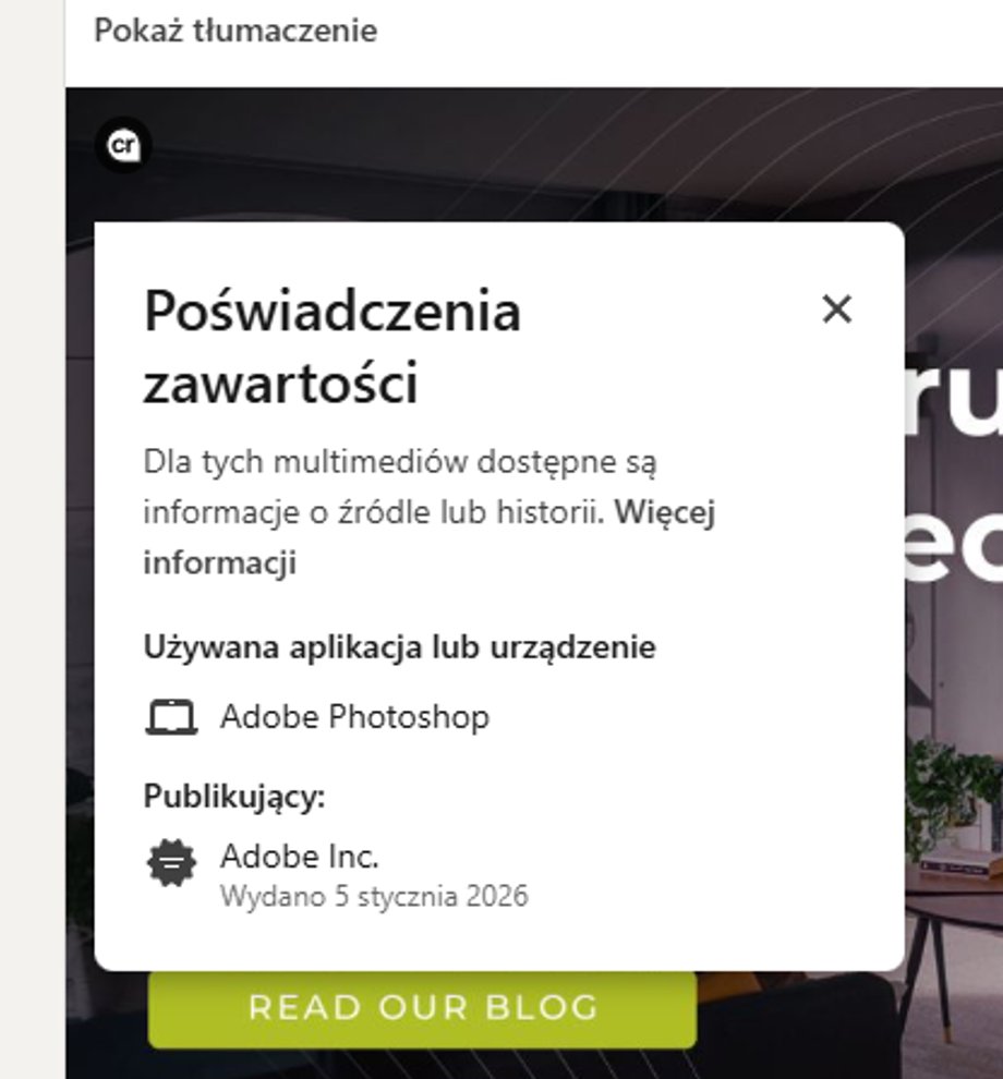 Małe logo "cr" w rogu zdjęcia, kt&oacute;re można spotkać na przykład na LinkedIn, to przycisk rozwijający menu z informacjami na temat pochodzenia danego obrazka.