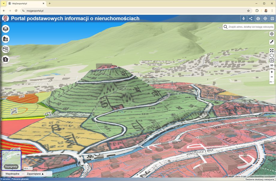 Mojgeoportal.pl udostępnia numeryczny model terenu (NMT, ang. DTM) dostępny dla wszystkich warstw danych