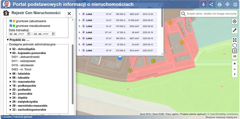 Mojgeoportal.pl - można wskazać obszar i wybrać poszczeg&oacute;lne lokale/działki w celu sprawdzenia cen transakcyjnych