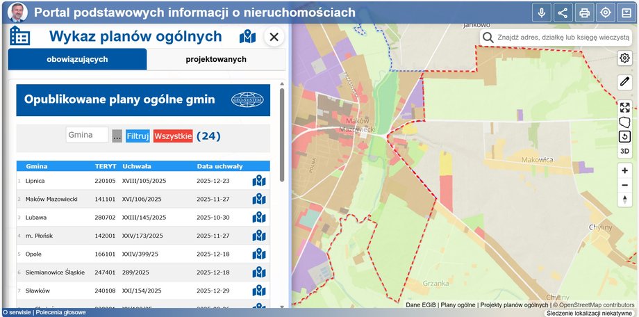 Mojgeoportal.pl daje też możliwość podglądu plan&oacute;w og&oacute;lnych gmin