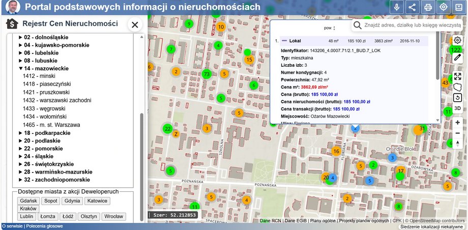 Mojgeoportal.pl - przy rozwinięciu poszczeg&oacute;lnej transakcji rozwijają się szczeg&oacute;łowe dane