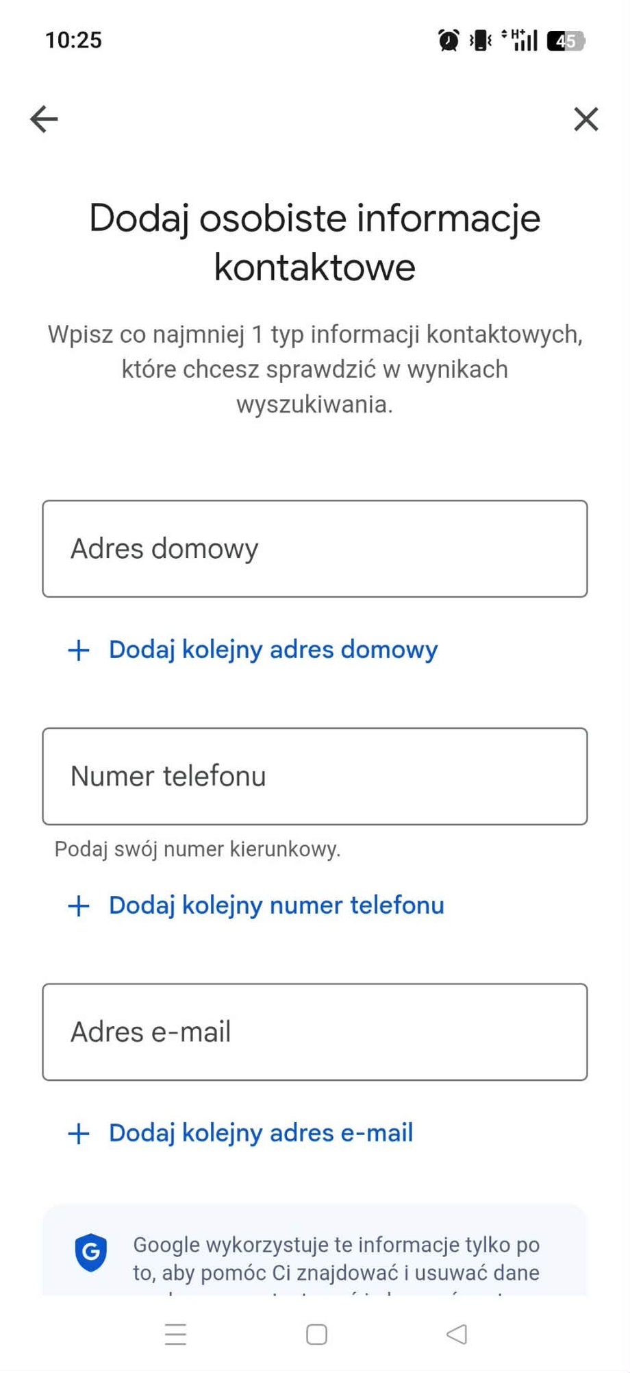 Usuwanie danych w Google