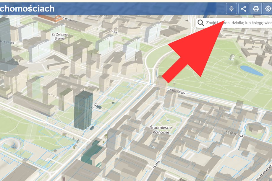Mojgeoporta.pl umożliwia sterowanie głosowe. Wystarczy kliknąć we wskazaną ikonę mikrofonu i można wydawać polecenia narzędzi