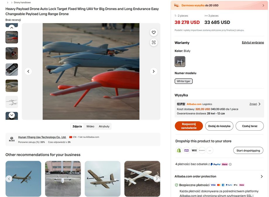 "dron handlowy" z automatycznym namierzaniem celu do kupienia na portalu Alibaba już za 35 tys. dolar&oacute;w. Dostawa za jedyne 300 dolar&oacute;w możliwa już 28 kwietnia!