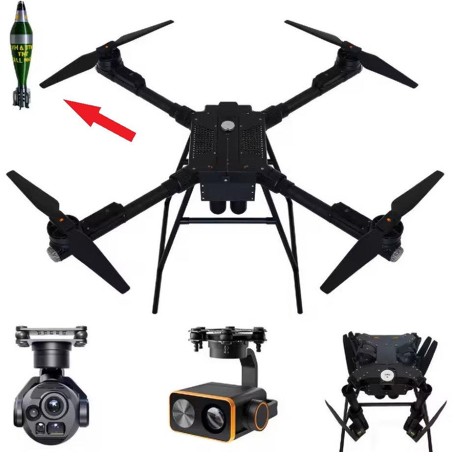 Oferta firmy Alibaba z dronem do "dostaw z powietrza" z obrazkiem z pociskiem moździerzowym