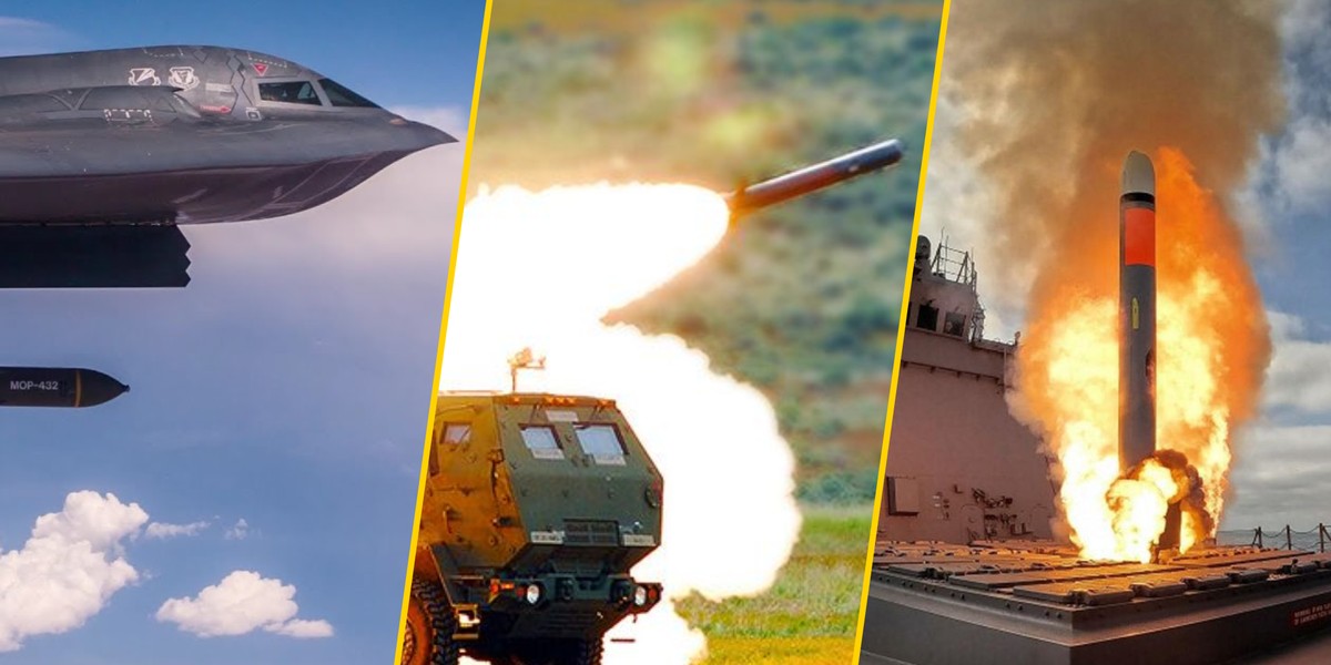 Od lewej: bombowiec B-2 Spirit zrzucający bombę GBU-57A/B MOP, system artylerii rakietowej HIMARS, moment wystrzelenia pocisku Tomahawk