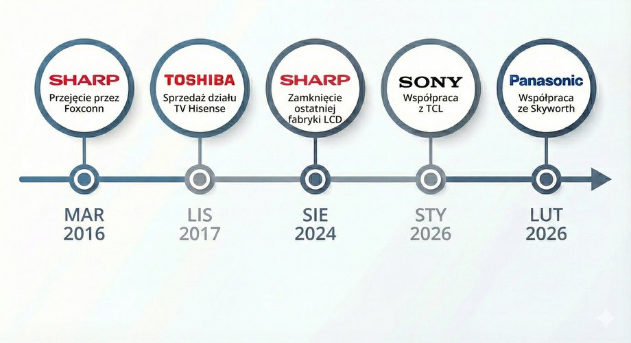 Skr&oacute;t kluczowych wydarzeń związanych z przejmowaniem japońskich marek TV.