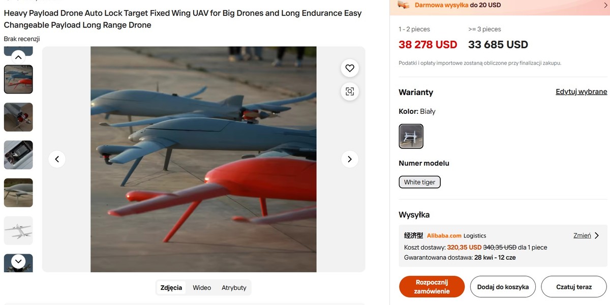 Dron kamikaze? Nie, to tylko "dron handlowy". Z automatycznym namierzaniem cel&oacute;w: ludzi, budynk&oacute;w, pojazd&oacute;w i statk&oacute;w. Do kupienia na portalu Alibaba już za 35 tys. dolar&oacute;w. Dostawa już 28 kwietnia!