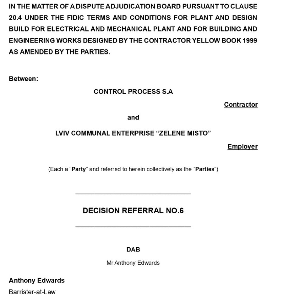 Strona 1 decyzji arbitra w sprawie Control Process kontra Lw&oacute;w z 5 kwietnia 26