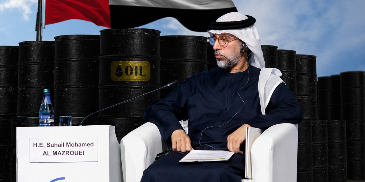 ZEA wychodzą z OPEC. Na zdjęciu: Suhail Al Mazrouei, minister energii ZEA. W tle: grafika ilustracyjna