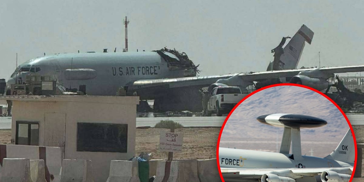 Zniszczony Boeing E3G Sentry w bazie Prince Sultan w Arabii Saudyjskiej