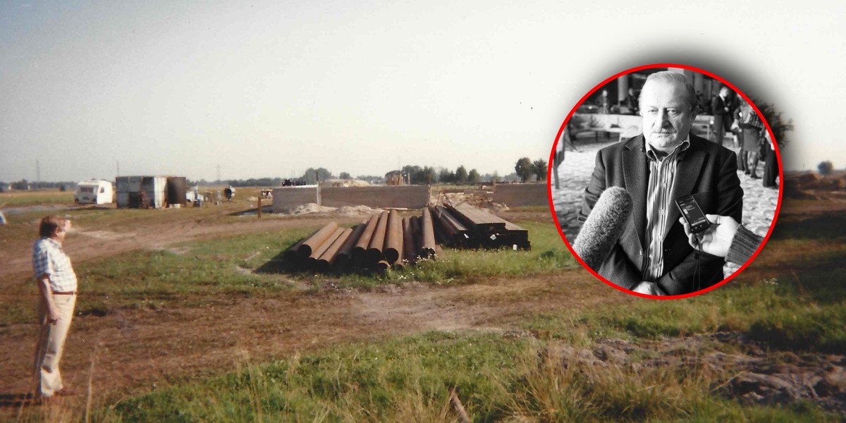 Początki budowy zakładu Tago w 1995 r. (gł&oacute;wna fotografia) i zdjęcie przedsiębiorcy z 2010 r. (w k&oacute;łku)