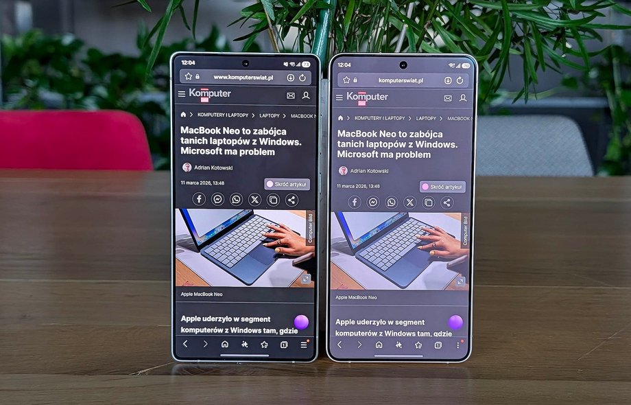Tak wygląda por&oacute;wnanie kontrastu obrazu na ekranie Galaxy S25 Ultra (po lewej) oraz na ekranie Galaxy S26 Ultra po właczeniu maksymalnego poziomu efektu prywatyzacyjnego