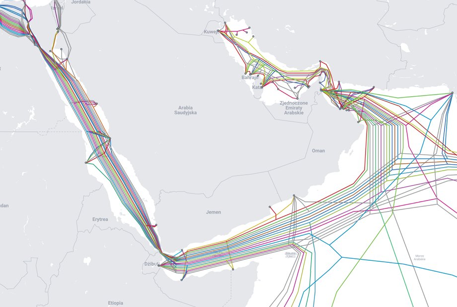 Mapa kabli podmorskich w rejonie Morza Czerwonego i Zatoki Perskiej 
