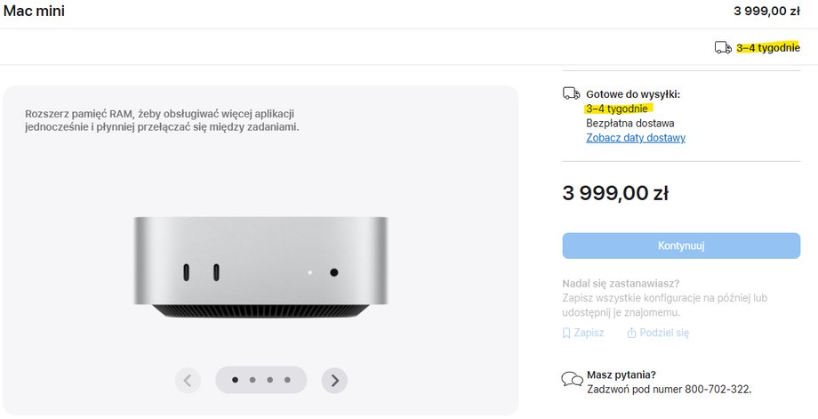 Na dostawę nowego Maca mini lub Studio kupionego na stronie Apple trzeba obecnie czekać kilka tygodni.