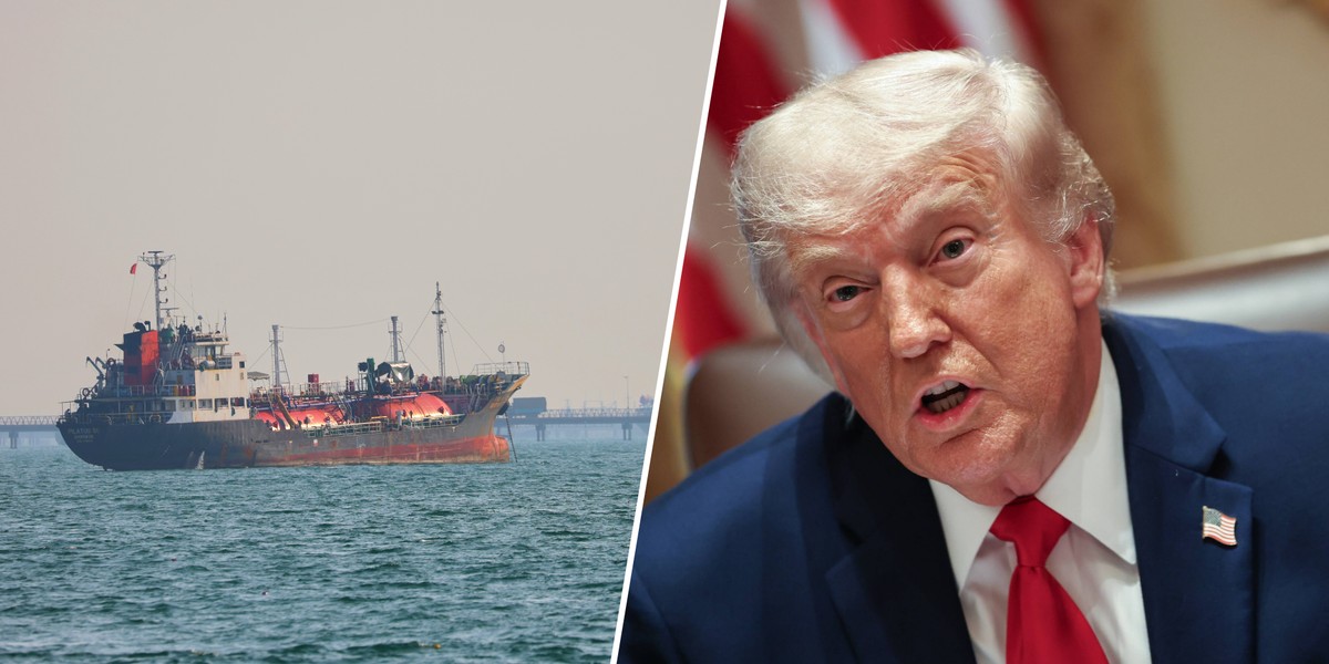 Po lewej statek przepływający przez cieśninę Ormuz, po prawej Donald Trump, prezydent USA