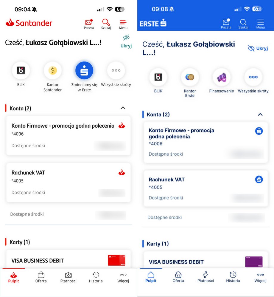 Aplikacja Santander (stara) i Erste (nowa)