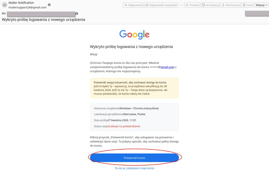 Fałszywy mail z informacją o wykrytej pr&oacute;bie logowania