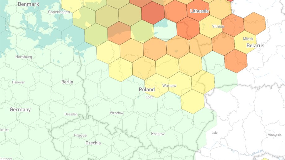 Rosja zakłóca GPS w Polsce. Naukowcy potwierdzają winę Moskwy 34 Mapa zakłóceń GPS nad Polską 10 czerwca 2026 r.
