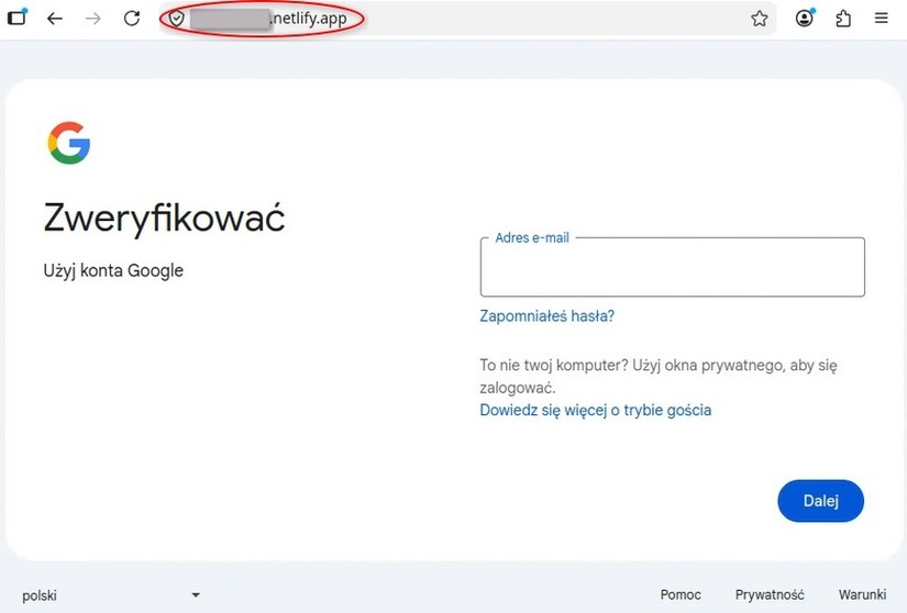 Fałszywa strona gł&oacute;wna do podania loginu