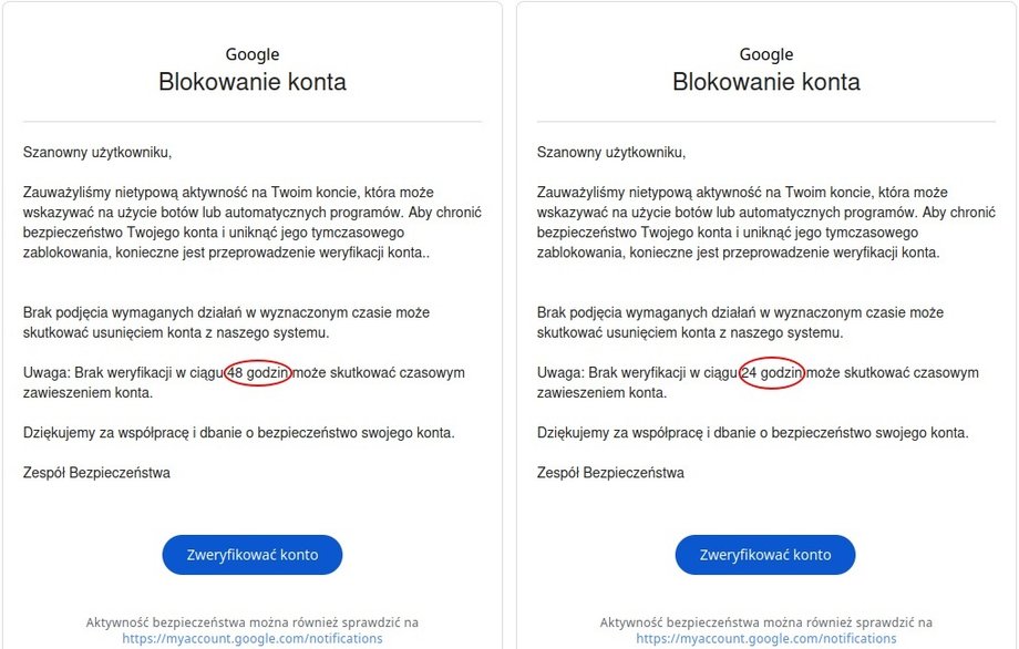 Przykładowe kolejne wiadomości r&oacute;żniące się jedynie coraz kr&oacute;tszym terminem przed blokadą konta