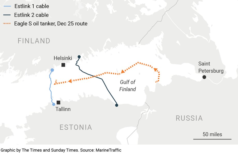 Rosyjski okręt przeciągnął pod wodą kotwicę na 130 km, uszkadzając kable na dnie Bałtyku. 19 Eagle S - trasa w Zatoce Fińskiej