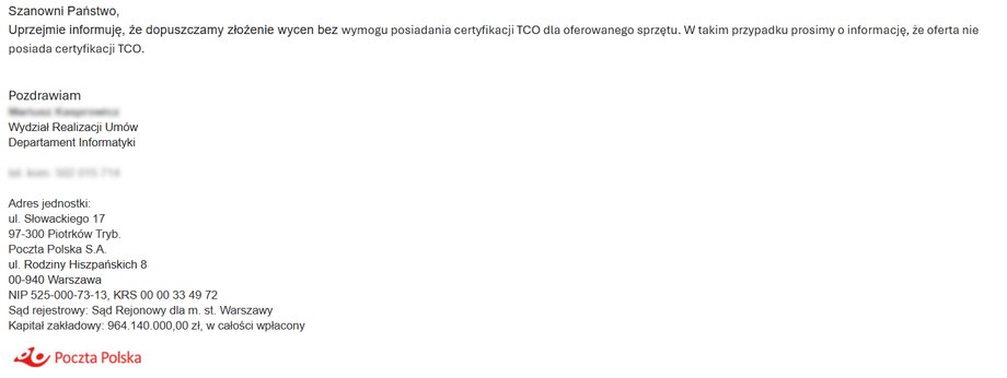 Potwierdzenie Poczty Polskiej o możliwości złożenia oferty bez certyfikatu TCO